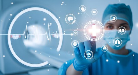 Healthcare professional in surgical attire interacts with digital medical icons, MRI scanner in the background, representing advanced medical technology.