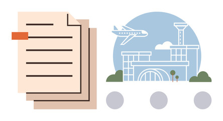 Document stack next to airport scene with airplane and terminal building. Ideal for travel planning, logistics, tourism, aviation, immigration, documentation, and organization. Clean simple flat