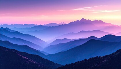 Fototapeta premium Vast mountain ranges bathed in a pastel sunset. Misty, layered peaks in purples, pinks, and blues