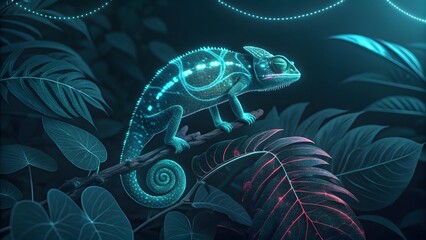 Digital Chameleon with Glowing Patterns on Branch in Jungle