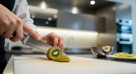 Person's hands carefully slicing a fresh green kiwi fruit into thin pieces with a knife on a white cutting board in a modern kitchen with bright studio lighting.