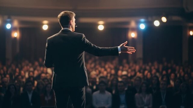 Man in suit giving a presentation on stage to a large audience under bright lights in a dark room