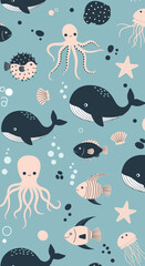 Whimsical underwater scene featuring whales octopuses and various marine life in a playful design