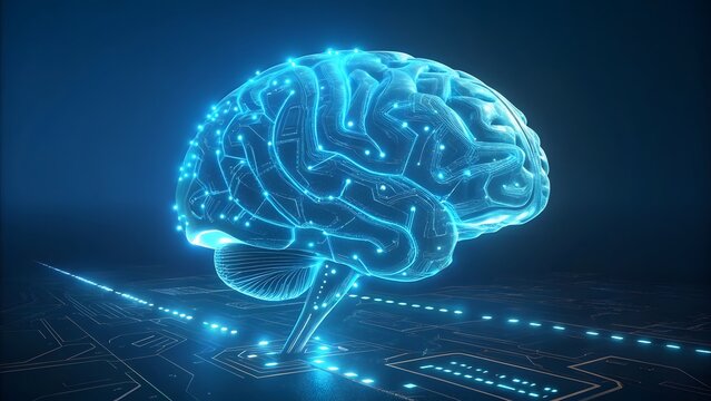 Glowing Brain Model with Futuristic Digital Circuit Background