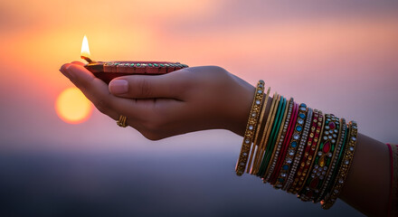 A hand holding a diya with bangles at sunset symbolizing cultural traditions and festive celebrations