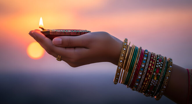 A hand holding a diya with bangles at sunset symbolizing cultural traditions and festive celebrations