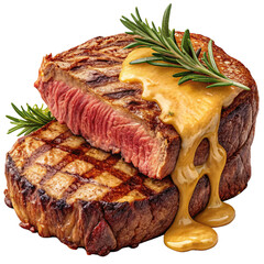 Juicy grilled steak, perfectly cooked medium-rare, drizzled with rich sauce and fresh rosemary garnish, a culinary delight