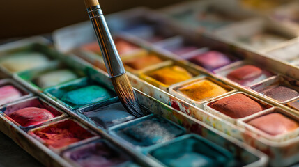 Closeup of a watercolor palette with a brush touching vibrant paint pans
