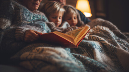 Family sharing a cozy bedtime story together under a blanket in a warmly lit room