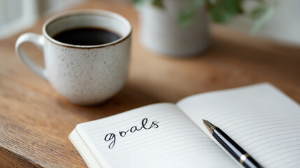 Open notebook with goals written on a lined page beside a cup of coffee and a pen on a wooden desk