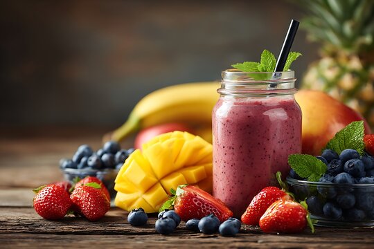 Refreshing berry mango smoothie in glass jar with fresh fruits and mint garnish, perfect for healthy lifestyle content and vibrant advertising. - Powered by Adobe