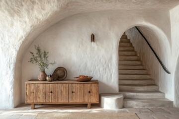 Wooden cabinet near venetian stucco wall with arched doorway Mediterranean interior design of modern entrance hall with staircase, Generative AI