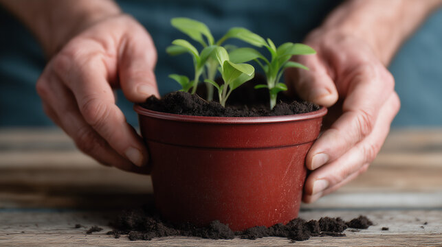 Hands holding a red plastic pot with young green seedlings growing in soil on a wooden table