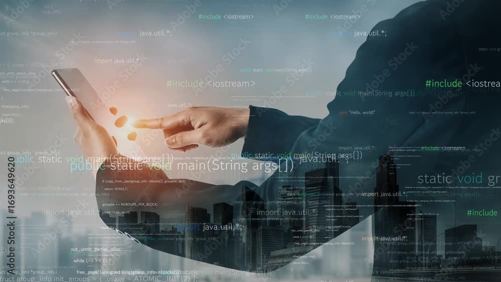 Poster a businessman interacts with a smartphone against an urban skyline, with coding data overlay, symbol