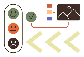 Smile, neutral, sad faces alongside checkbox, data blocks, chart, and arrows representing choices, analysis. Ideal for analytics, feedback decision flow evaluation customer survey UX design