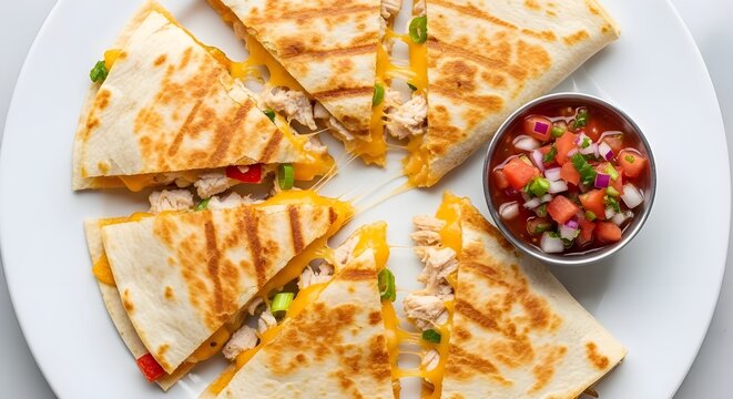 Chicken quesadillas with salsa on white plate