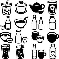 A collection of black and white icons representing various beverages and food items, including teas, coffees, and soups.