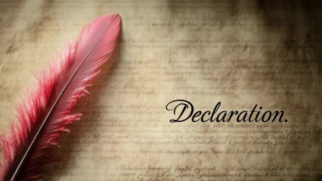 Pink feather pen on ancient document with "Declaration" script