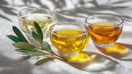 Olive Oil Tasting: Three Glass Bowls with Olive Branch on White Fabric