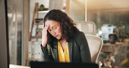 Fatigue, headache and businesswoman in office at night with burnout or stress finance report...