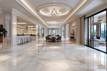 Luxurious dining room with marble floor connecting to bar and terrace
