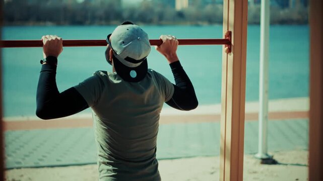 Male athlete doing pull-ups on horizontal bar outdoors . Fitness training