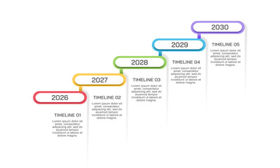 Progressive 5-Year Business Timeline Milestones Infographic with Dates from 2026 to 2030 for Strategic Planning Presentation. Illustration Vector.