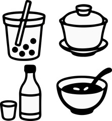 A set of four black and white icons representing Asian food and beverages like bubble tea, traditional tea, sake, and soup.
