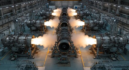 Rows of powerful gas turbine engines firing with bright flames during a test cycle in a state-of-the-art industrial manufacturing facility