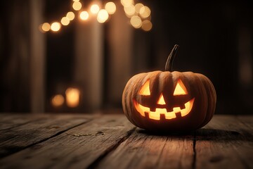 Fototapeta premium Spooky carved pumpkin with glowing face on rustic wooden table, enchanting bokeh lights create a magical Halloween atmosphere