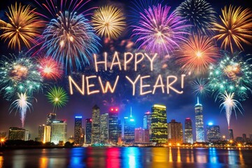 Happy New Year Fireworks over City Skyline at Night