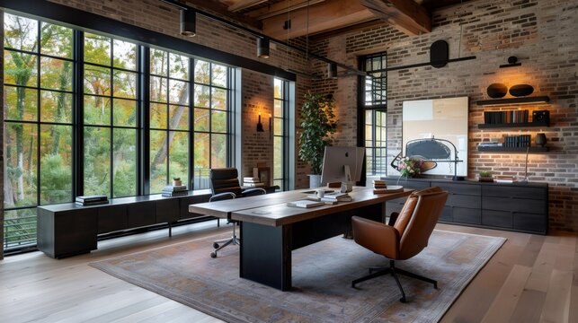 Fototapeta Modern home office with large windows overlooking autumnal forest