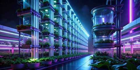 Futuristic Vertical Farm with Glowing Lights and Plants Growing in a Controlled Environment.
