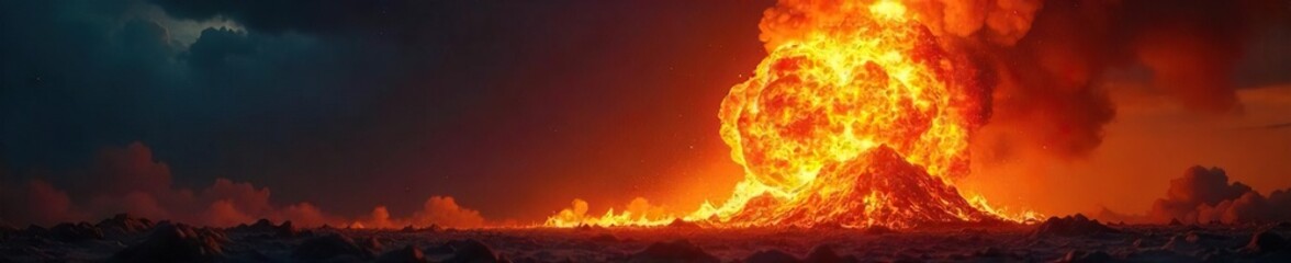 Spectacular fiery explosion, intense heat and light, burning embers and smoke billowing against a dark night sky  Perfect for fantasy, action, and destruction themes ,  catastrophe,  explosion