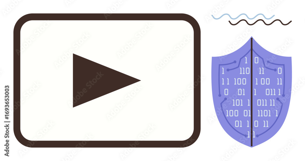 Aufkleber play button framed by a screen icon paired with a shield containing binary code patterns. ideal for 