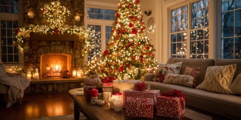 Fototapeta premium A warmly lit living room is decorated for Christmas. A tall, decorated Christmas tree stands in the background, adorned with numerous lights and ornaments. 