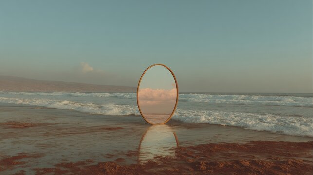 Modern Premium Round Mirror Reflection on Beach at Sunset Authentic Calm Lifestyle Visual for Social Media and Marketing Campaigns - Powered by Adobe