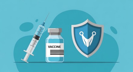 Immunization narrative: A vaccine vial, syringe and shield signifying protection and health against pathogens for