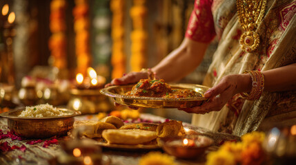 Obraz premium Bengali Woman Serving Labra Curry at Puja