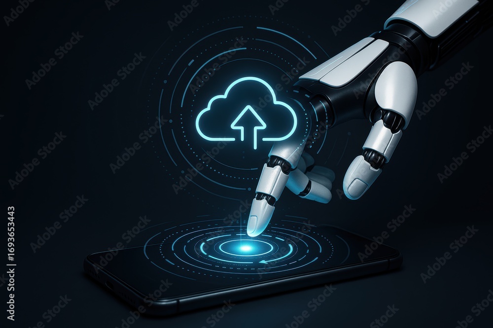 Poster cloud upload: a technological marvel unfolds as a robotic hand interacts with a smartphone, symboliz