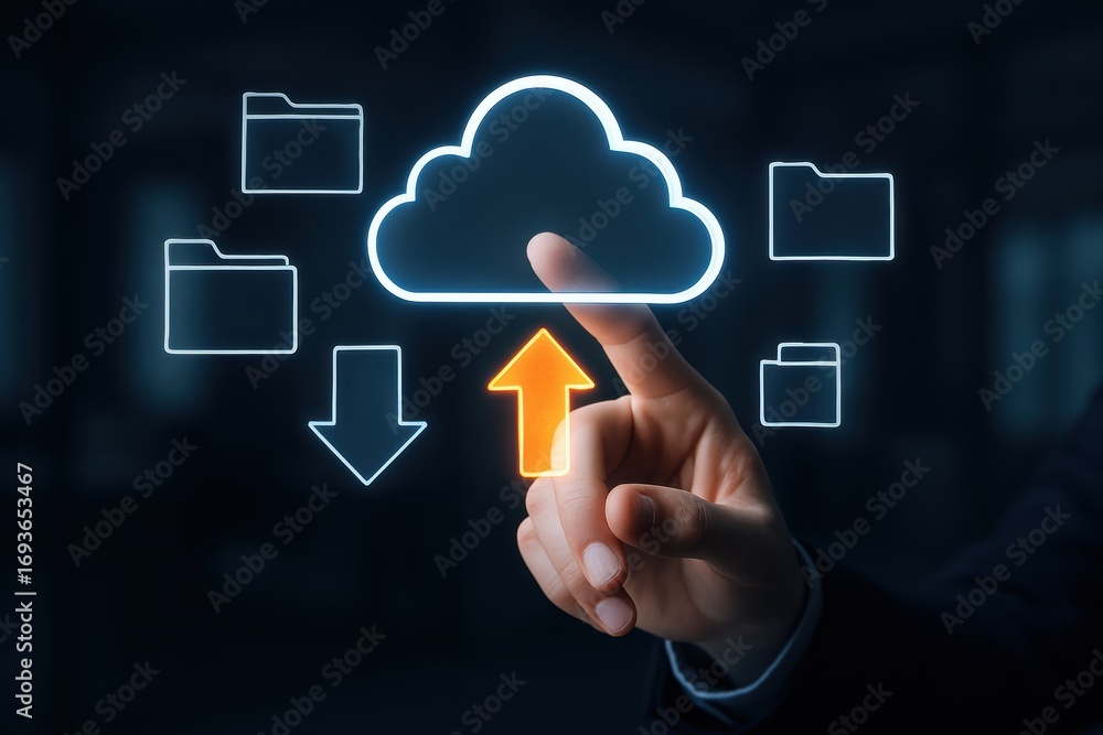 Poster cloud technology interaction: a hand interacts with an illuminated cloud graphic, symbolizing the es