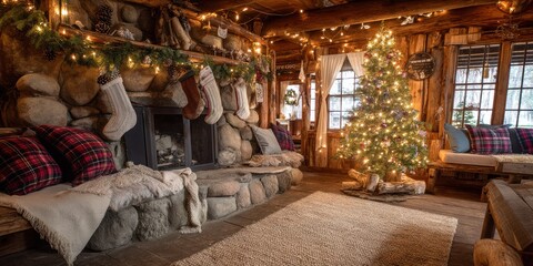 Fototapeta premium A warmly decorated rustic living room is illuminated by string lights and a fireplace. 