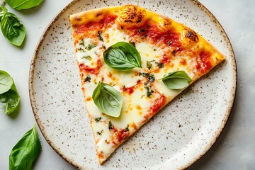 Pizza slice with mozzarella, tomato sauce, and fresh basil leaves on plate