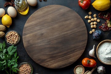 Round wood cutting board surrounded by various fresh ingredients on a dark background