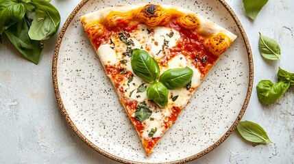 Single slice of margarita pizza on a speckled plate with fresh basil leaves
