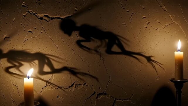 Eerie shadow puppet creature comes alive with candlelight in this chilling scene perfect for Halloween