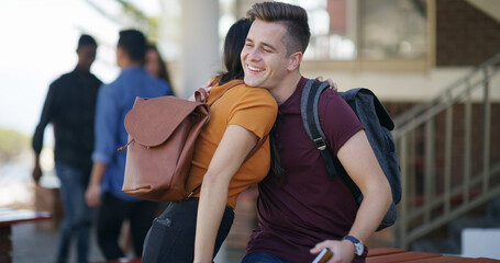 Hug, student and people in campus with bag, bonding and learning in support system. Education, scholarship and academic in university with backpack, team or peer connection in friendly embrace.