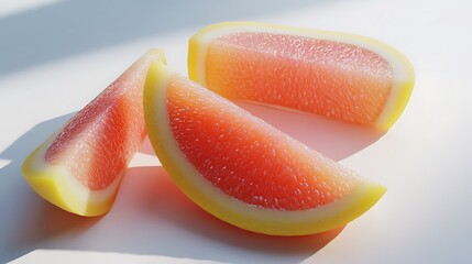 Slices of pink grapefruit on white backdrop, illuminated by natural light creating shadows