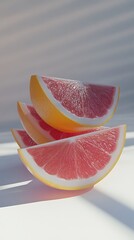Stack of fresh grapefruit slices on a white surface bathed in sunny light