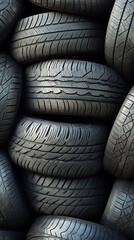 Stack of used car tires with various tread patterns, worn and ready for recycling